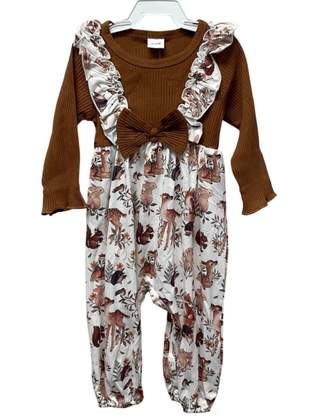 Girl's Ruffle Romper Set Long Sleeve Deer Print Brown/White 9-12 months